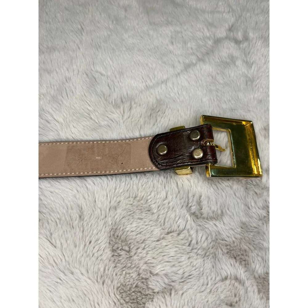 VTG Jo Ann's Leather Belt Gold Lattice Buckle Textured Brown 32